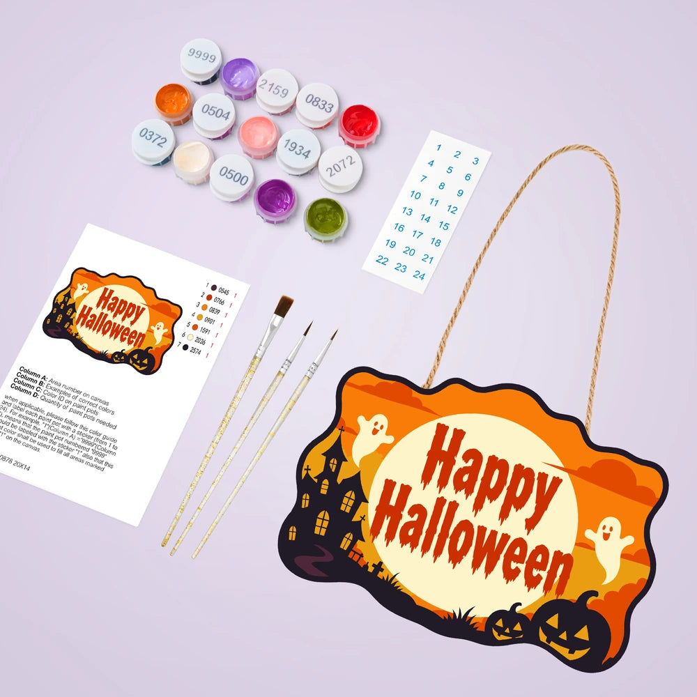 Paint by Numbers - Wooden Door Hanger | Happy Halloween Ghosts in the Moon