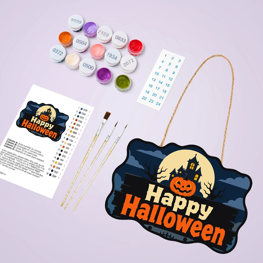 Paint by Numbers - Wooden Door Hanger | Happy Halloween Haunted House Sign