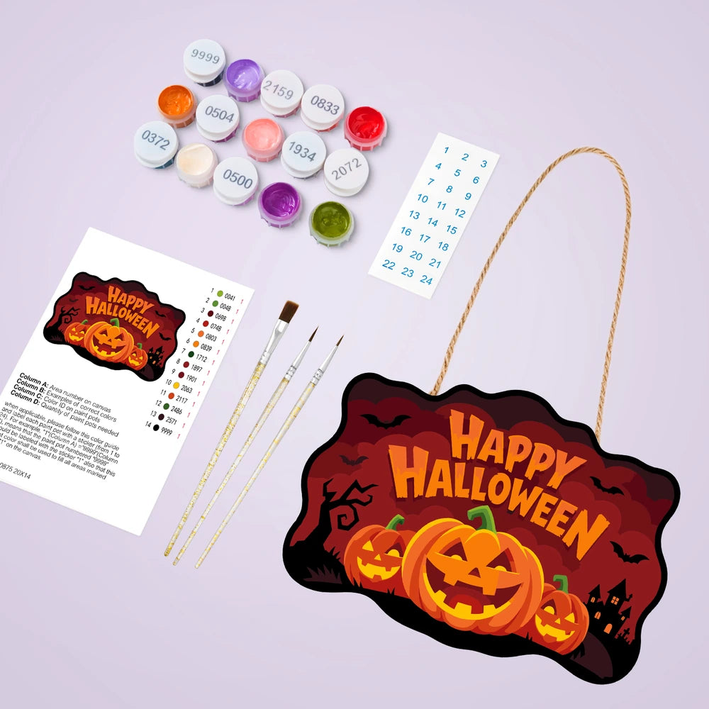 Paint by Numbers - Wooden Door Hanger | Happy Halloween Pumpkin Trio at Night