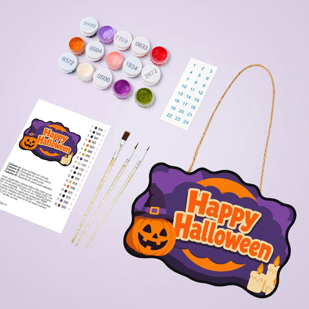 Paint by Numbers - Wooden Door Hanger | Happy Halloween Pumpkin and Candles