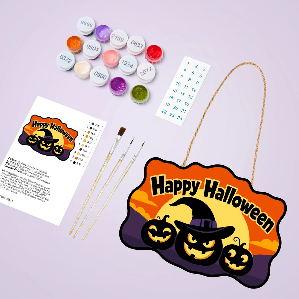 Paint by Numbers - Wooden Door Hanger | Happy Halloween Pumpkin in a Witch Hat