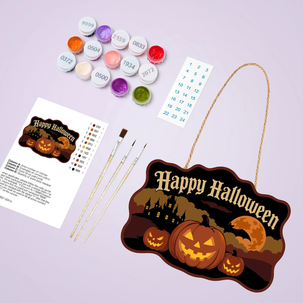 Paint by Numbers - Wooden Door Hanger | Happy Halloween Pumpkins and Castle