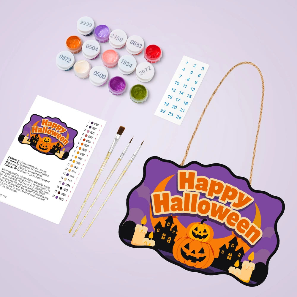 Paint by Numbers - Wooden Door Hanger | Happy Halloween Pumpkins and Haunted Houses