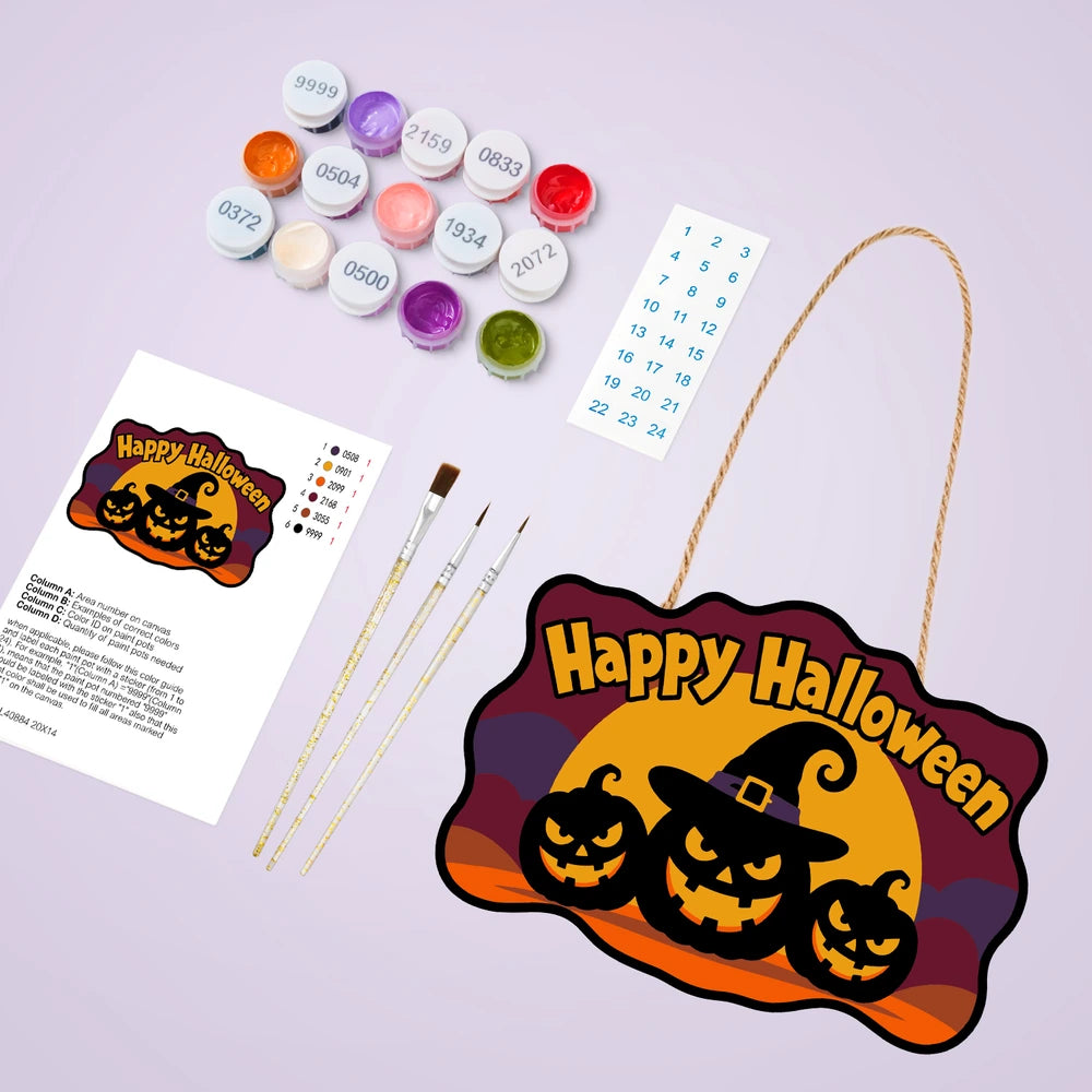 Paint by Numbers - Wooden Door Hanger | Happy Halloween Pumpkins in a Witch Hat