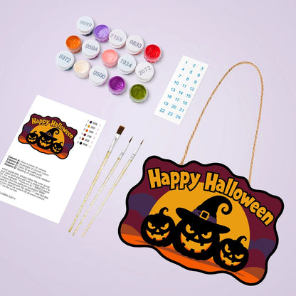 Paint by Numbers - Wooden Door Hanger | Happy Halloween Pumpkins in a Witch Hat
