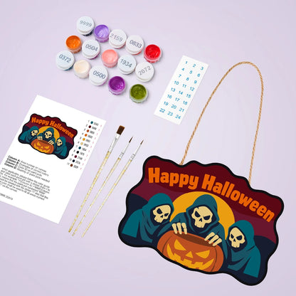 Paint by Numbers - Wooden Door Hanger | Happy Halloween Reapers Over a Pumpkin