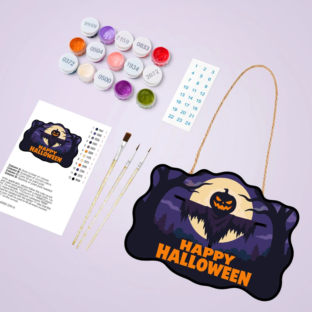 Paint by Numbers - Wooden Door Hanger | Happy Halloween Scarecrow Silhouette