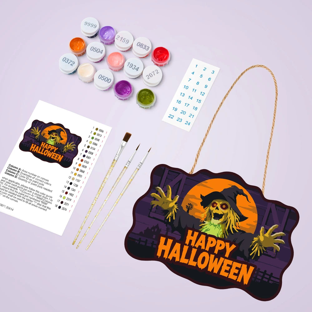 Paint by Numbers - Wooden Door Hanger | Happy Halloween Scarecrow at Night