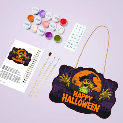 Paint by Numbers - Wooden Door Hanger | Happy Halloween Scarecrow at Night