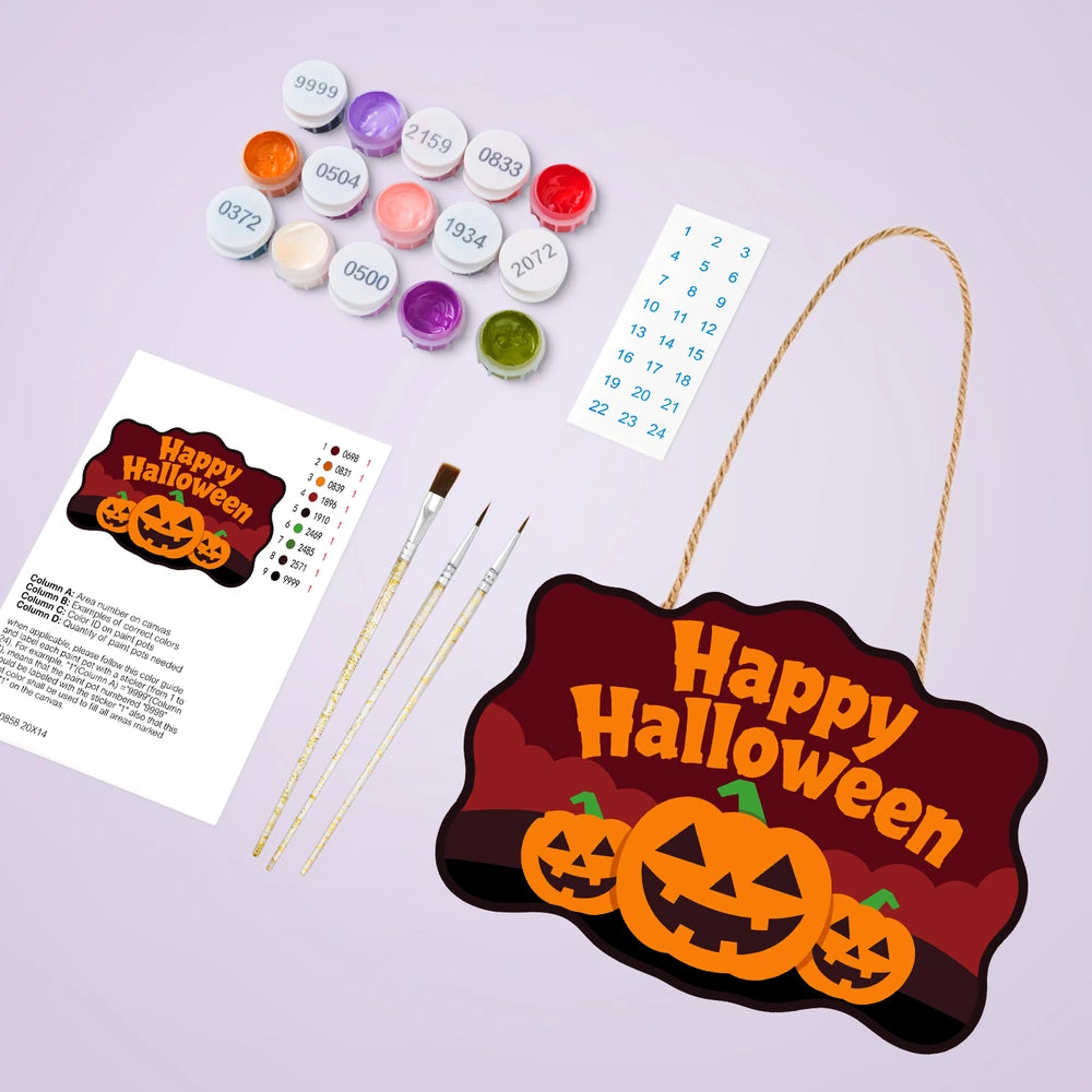 Paint by Numbers - Wooden Door Hanger | Happy Halloween Three Pumpkins