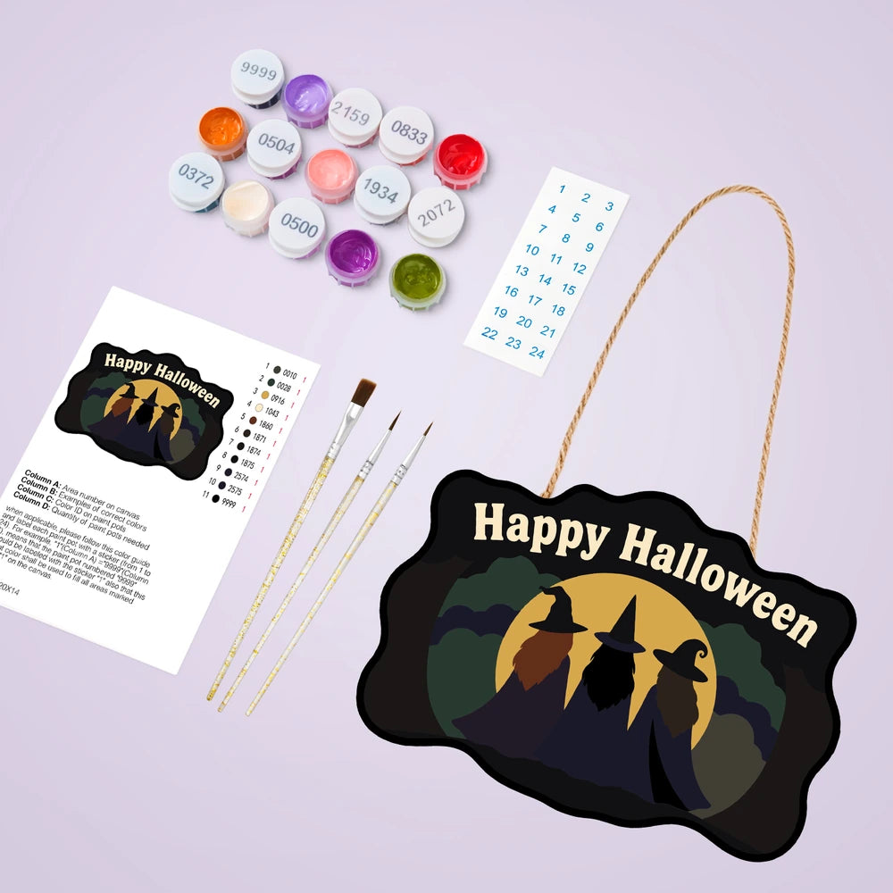 Paint by Numbers - Wooden Door Hanger | Happy Halloween Three Witches