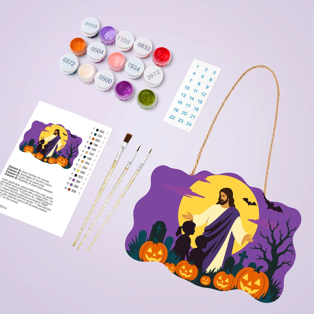 Paint by Numbers - Wooden Door Hanger | Jesus Blessing the Children at Halloween