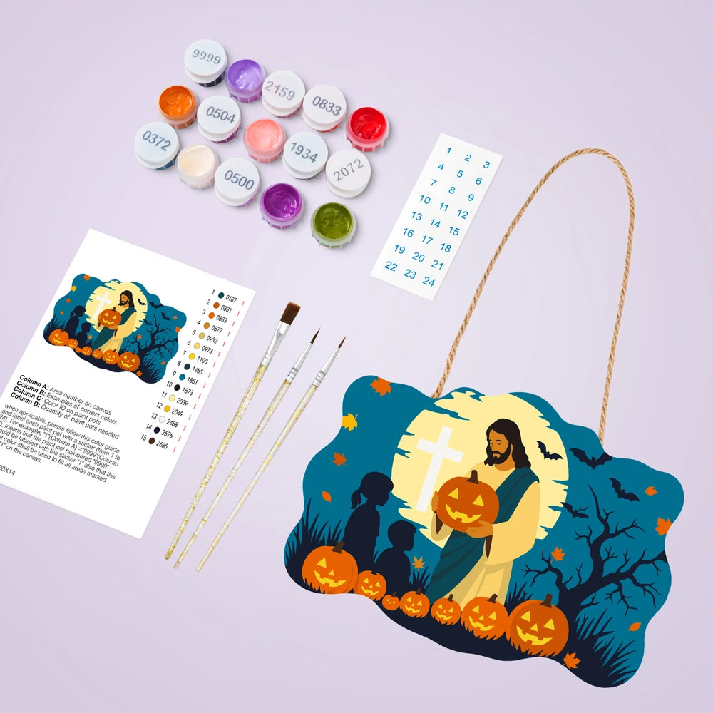 Paint by Numbers - Wooden Door Hanger | Jesus Giving a Jack-o'-Lantern