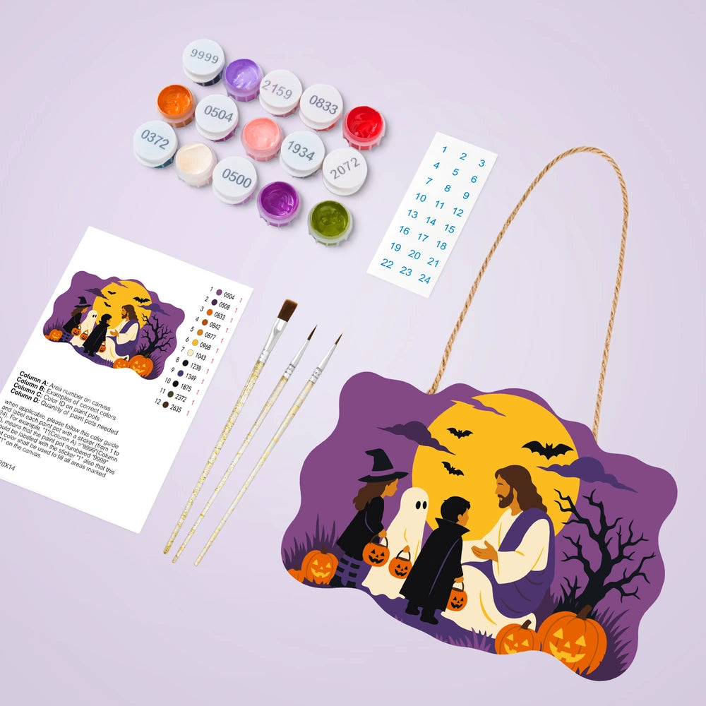 Paint by Numbers - Wooden Door Hanger | Jesus with Trick-or-Treaters