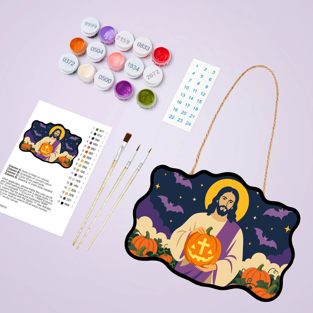 Paint by Numbers - Wooden Door Hanger | Jesus with a Cross Pumpkin