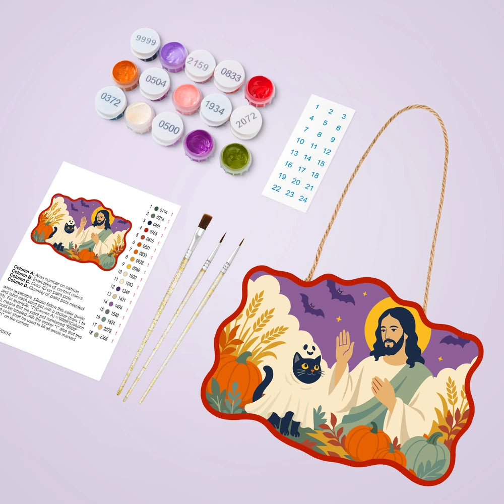 Paint by Numbers - Wooden Door Hanger | Jesus with a Ghost Cat