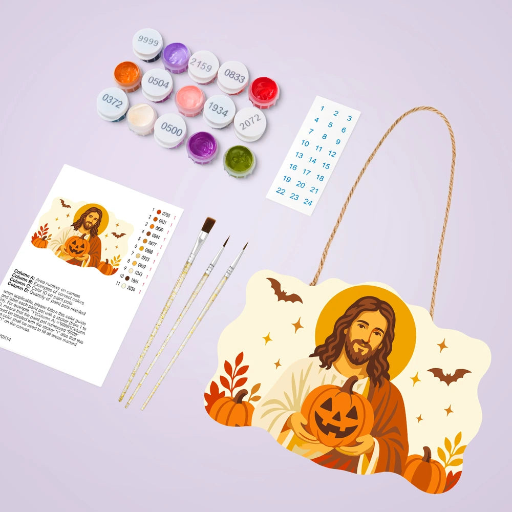 Paint by Numbers - Wooden Door Hanger | Jesus with a Jack-o'-Lantern in Autumn