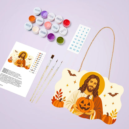 Paint by Numbers - Wooden Door Hanger | Jesus with a Jack-o'-Lantern in Autumn