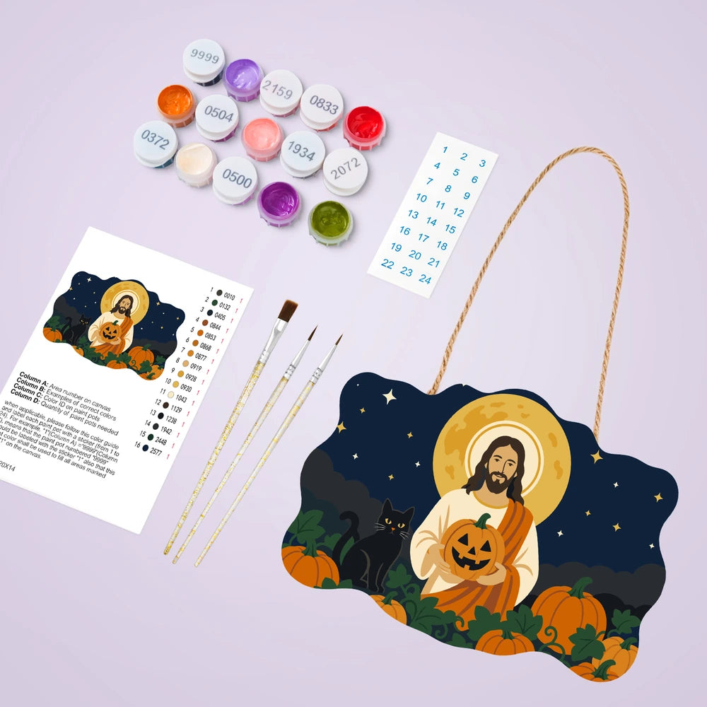 Paint by Numbers - Wooden Door Hanger | Jesus with a Pumpkin and Black Cat