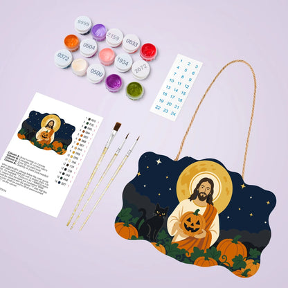 Paint by Numbers - Wooden Door Hanger | Jesus with a Pumpkin and Black Cat