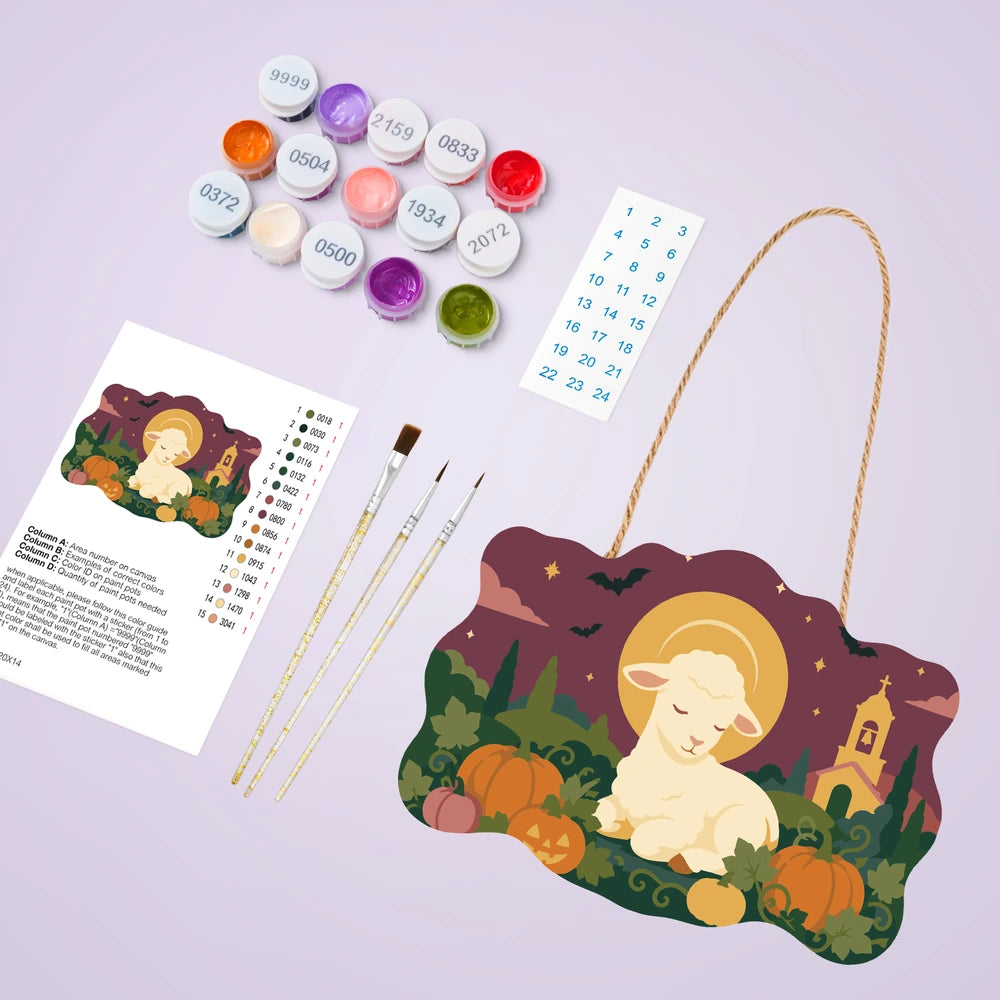 Paint by Numbers - Wooden Door Hanger | Lamb Resting in the Pumpkin Patch