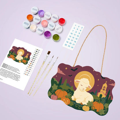 Paint by Numbers - Wooden Door Hanger | Lamb Resting in the Pumpkin Patch