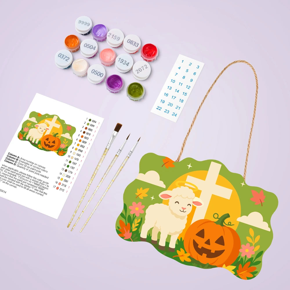 Paint by Numbers - Wooden Door Hanger | Lamb with a Cross and Pumpkin