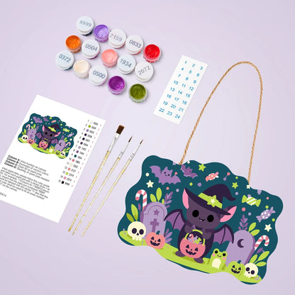 Paint by Numbers - Wooden Door Hanger | Little Bat with a Candy Basket