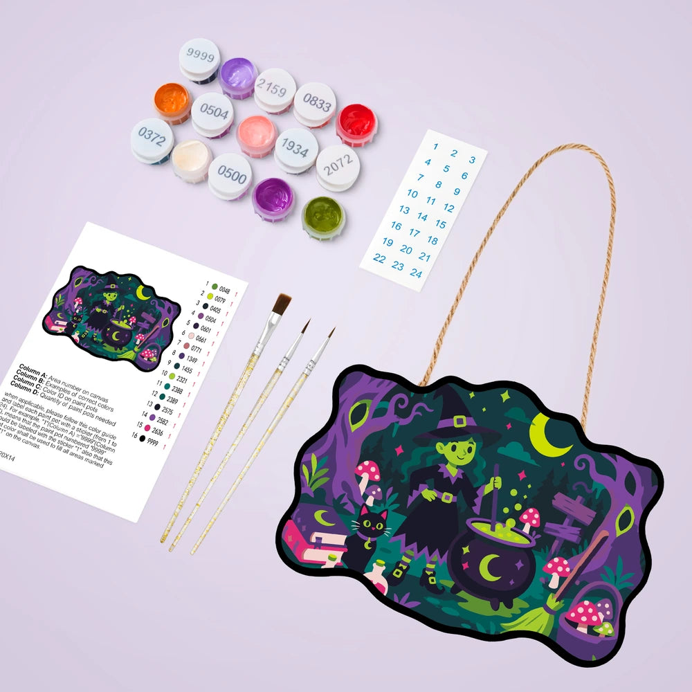 Paint by Numbers - Wooden Door Hanger | Little Witch at the Mushroom Cauldron
