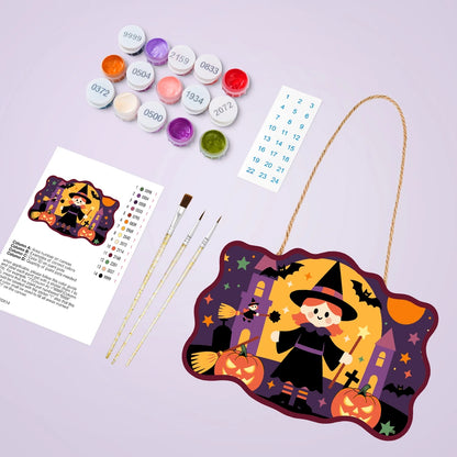 Paint by Numbers - Wooden Door Hanger | Little Witch with Pumpkins