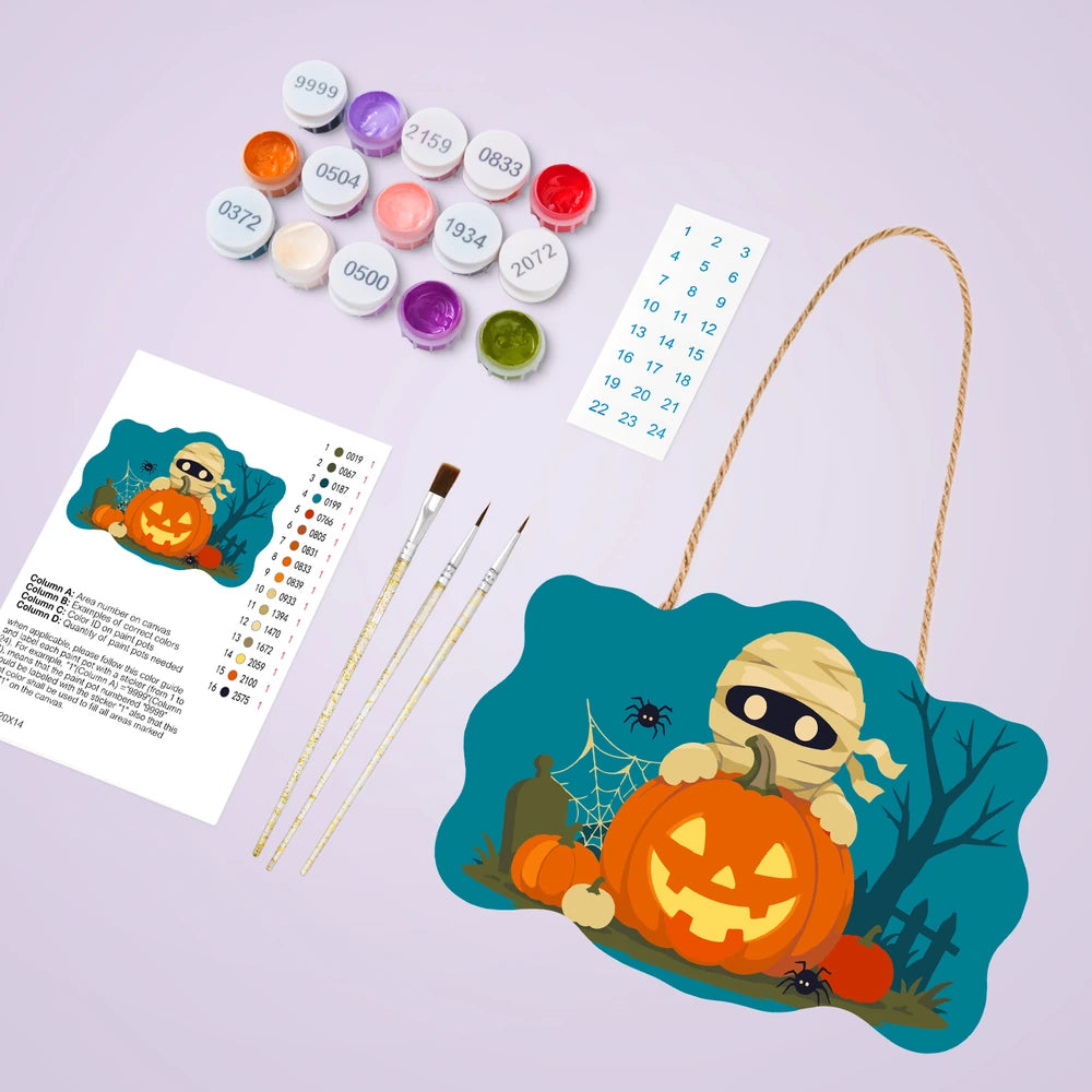 
Paint by Numbers - Wooden Door Hanger | Mummy Behind a Jack-o'-Lantern