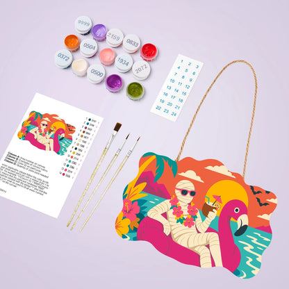 Paint by Numbers - Wooden Door Hanger | Mummy on a Flamingo Float