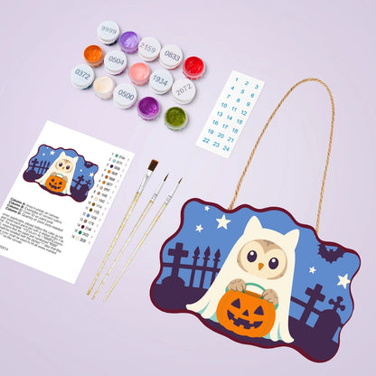 Paint by Numbers - Wooden Door Hanger | Owl Ghost with a Pumpkin