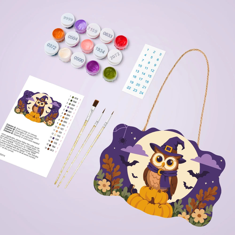 Paint by Numbers - Wooden Door Hanger | Owl in a Witch Hat in the Moon