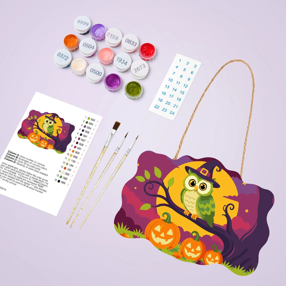 
Paint by Numbers - Wooden Door Hanger | Owl in a Witch Hat on a Branch