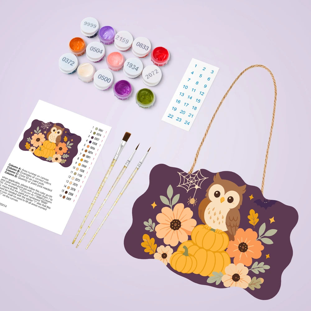 Paint by Numbers - Wooden Door Hanger | Owl on Pumpkins with Flowers