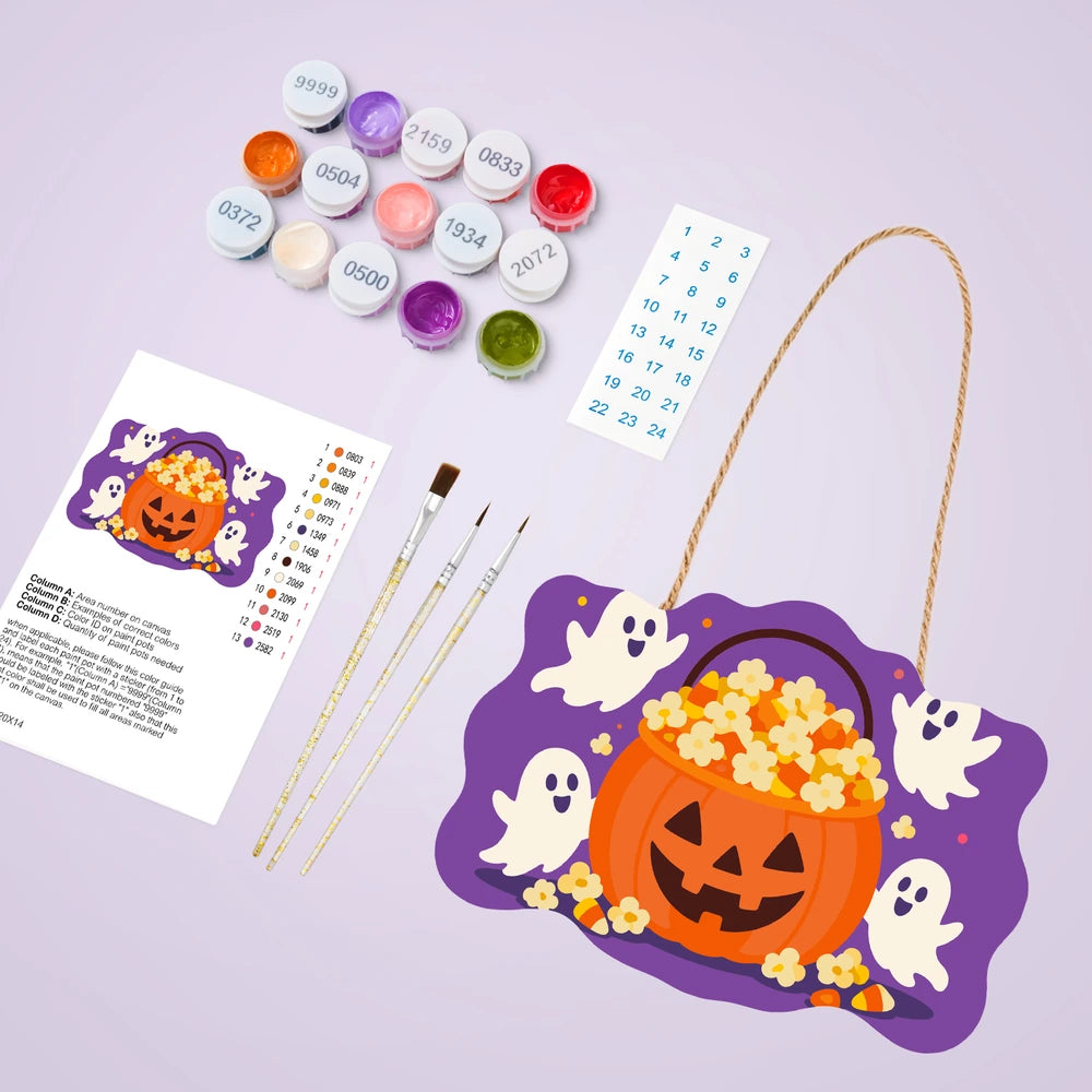 Paint by Numbers - Wooden Door Hanger | Popcorn Pumpkin Bucket with Ghosts