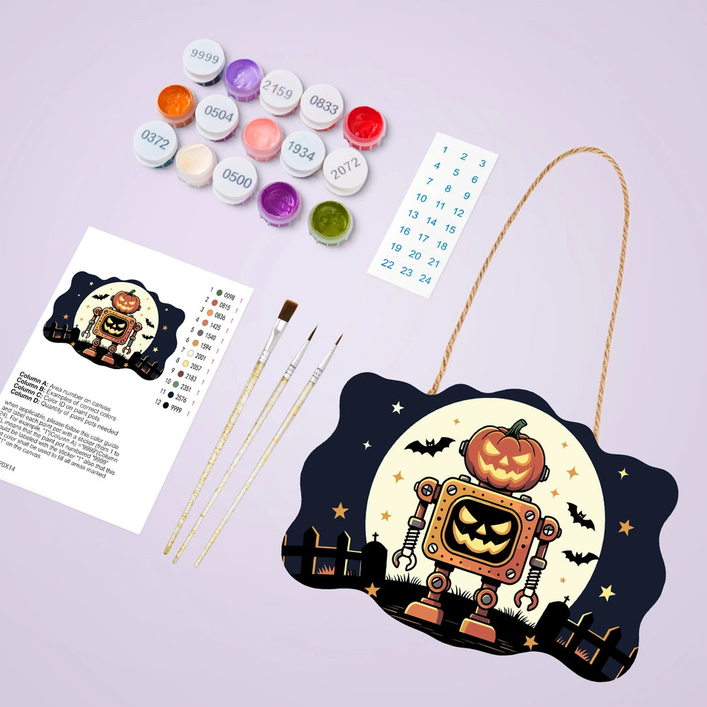 Paint by Numbers - Wooden Door Hanger | Pumpkin Robot Under the Moon