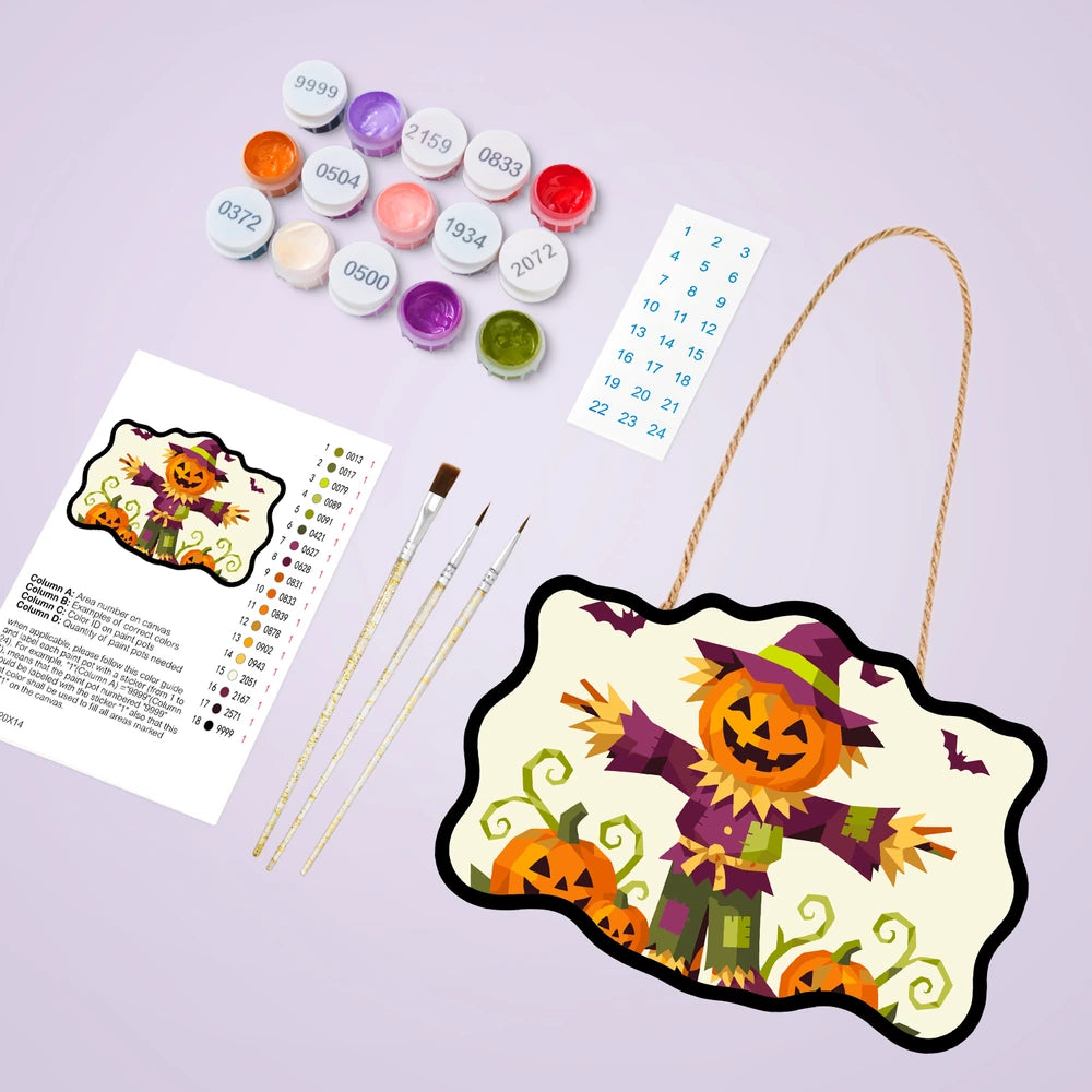 Paint by Numbers - Wooden Door Hanger | Pumpkin Scarecrow in Geometric Style