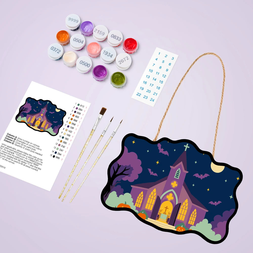 Paint by Numbers - Wooden Door Hanger | Purple Church on Halloween Night