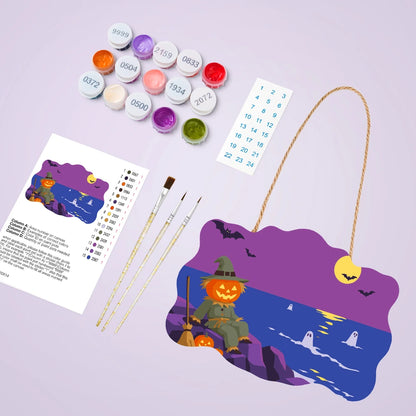 Paint by Numbers - Wooden Door Hanger | Scarecrow by the Sea at Night