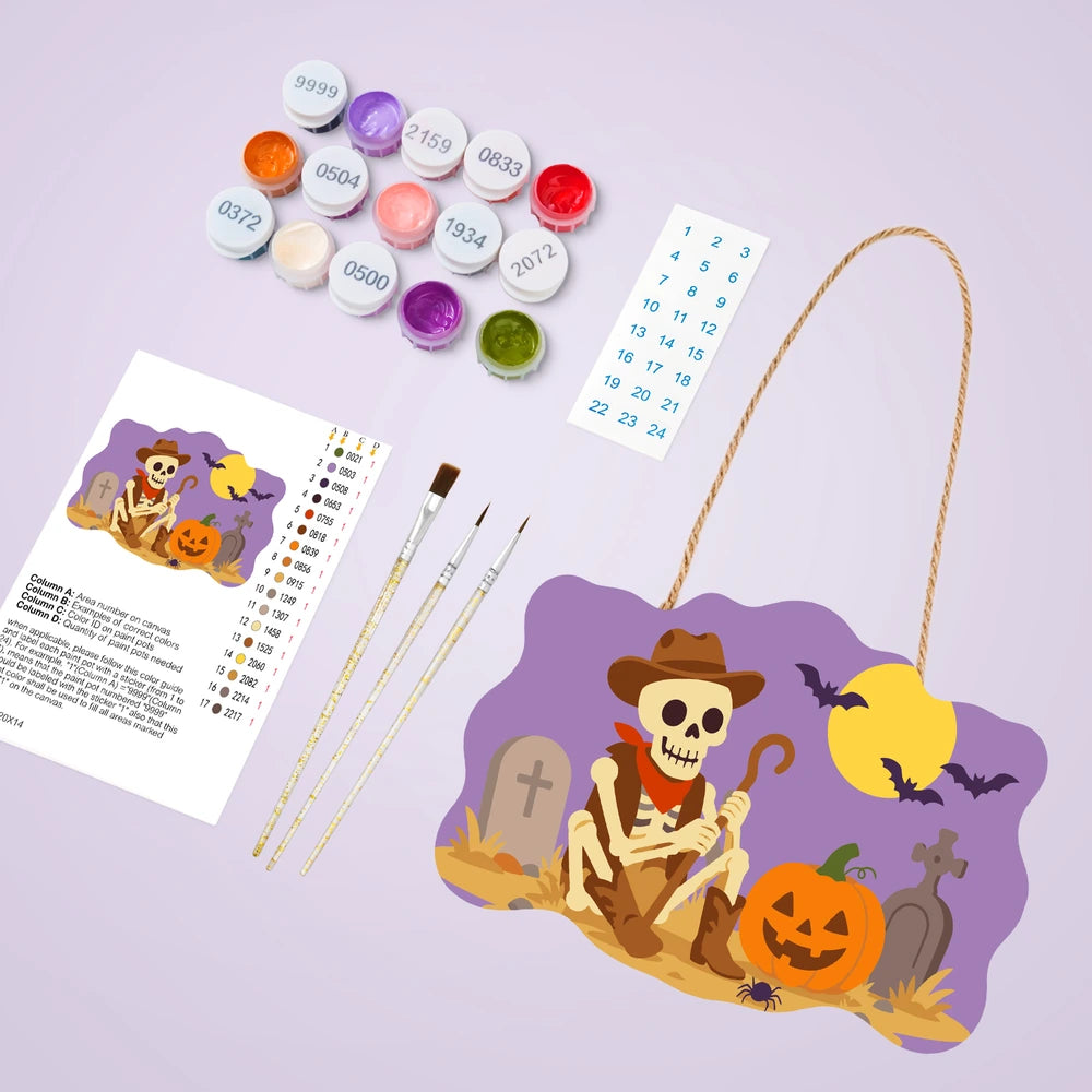 Paint by Numbers - Wooden Door Hanger | Skeleton Cowboy in the Graveyard
