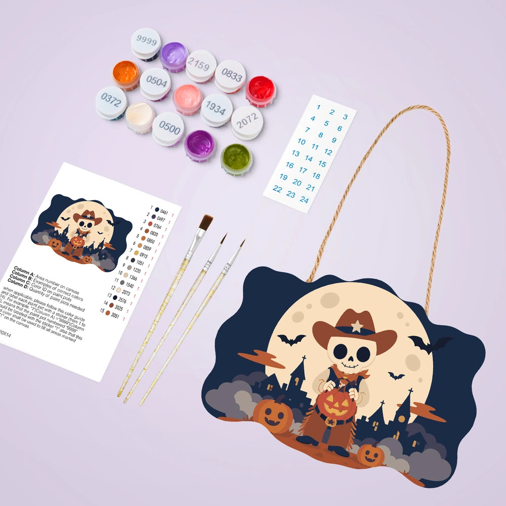 Paint by Numbers - Wooden Door Hanger | Skeleton Cowboy with a Pumpkin