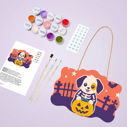 Paint by Numbers - Wooden Door Hanger | Skeleton Puppy with a Pumpkin