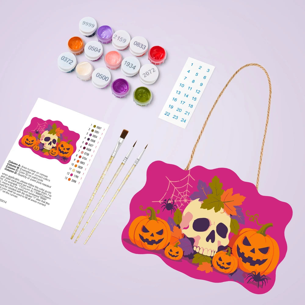 Paint by Numbers - Wooden Door Hanger | Skull with Autumn Leaves and Pumpkins
