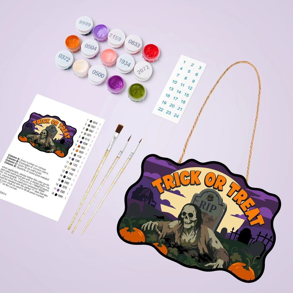 Paint by Numbers - Wooden Door Hanger | Trick or Treat Graveyard Zombie