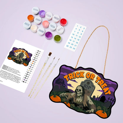 Paint by Numbers - Wooden Door Hanger | Trick or Treat Graveyard Zombie