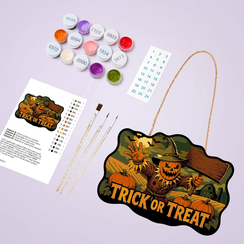 Paint by Numbers - Wooden Door Hanger | Trick or Treat Scarecrow with a Sign