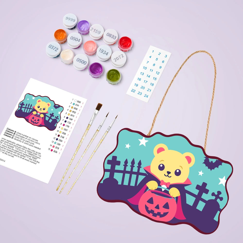 Paint by Numbers - Wooden Door Hanger | Vampire Bear with a Pumpkin