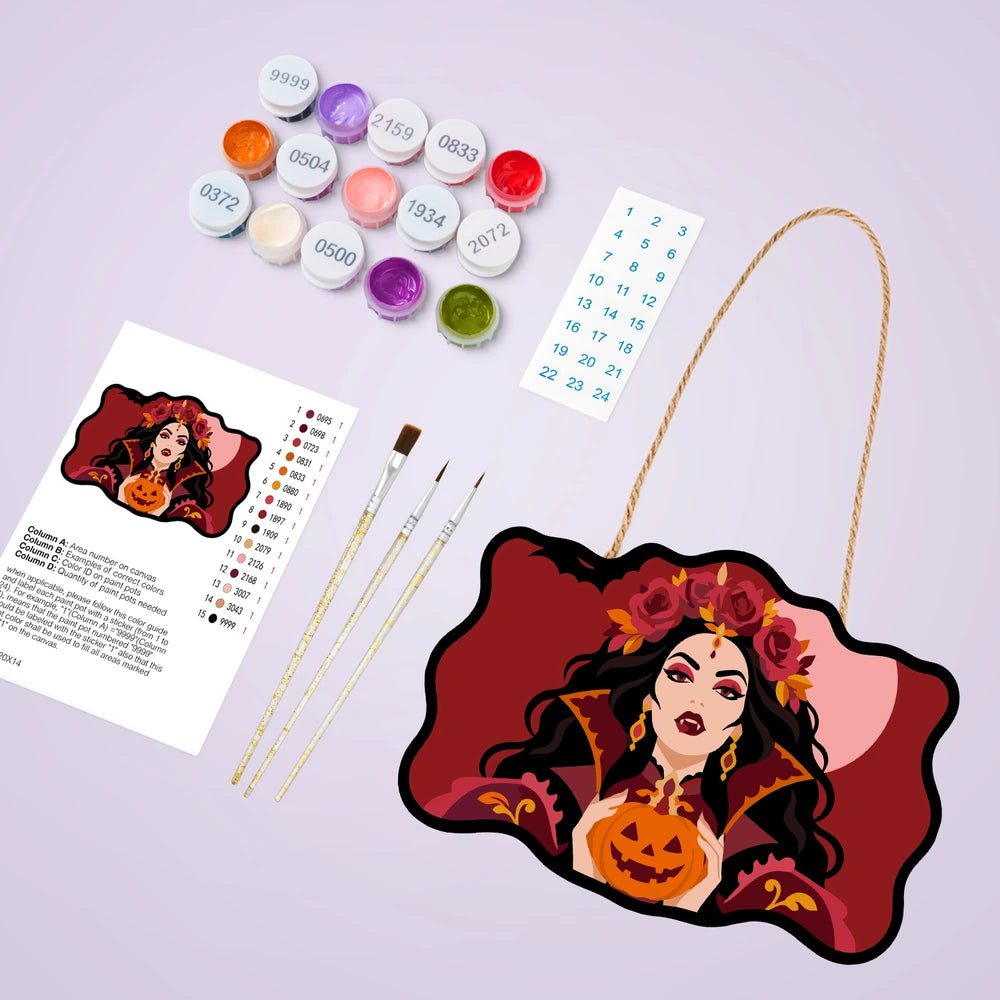
Paint by Numbers - Wooden Door Hanger | Vampire Queen with a Jack-o'-Lantern